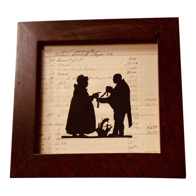 1980s Cecil Cox Hand-Cut Scissor Silhouette on Early 1900s Sc Ledger in Faux-Grained Frame For Sale
