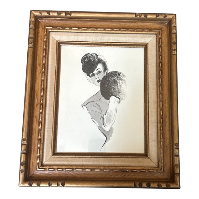 1940’s Original Black and White Watercolor Portrait Painting For Sale