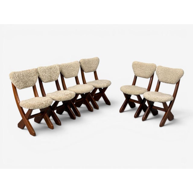 Danish Mid-Century Modern, Set of Six Rustic Dining Chairs, Pine, Beige Sheepskin, Denmark, 1960s Wonderful set of six...