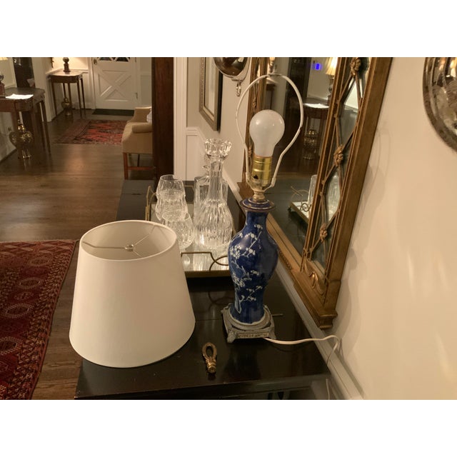 Vintage Blue and White Cherry Blossom Porcelain Vase Lamp on Metal Base For Sale - Image 9 of 13