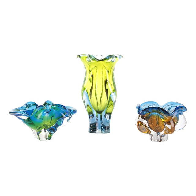 Czech Glass Vase and Bowl by Josef Hospodka for Sklarny Chribska, 1960s, Set of 3 For Sale