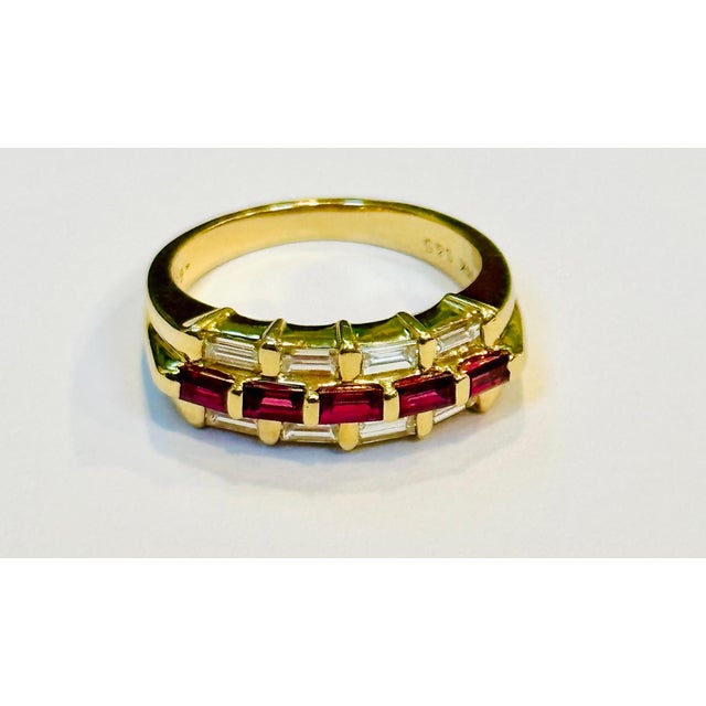 Arts & Crafts Baguettes Diamonds & Princess Cut Natural Burma Ruby Ring 14 Karat Yellow Gold For Sale - Image 3 of 18