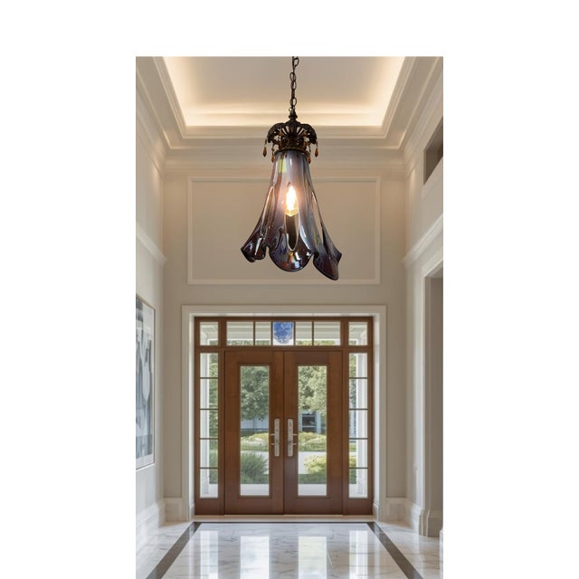 Art Glass Reddish Brown Fazzoletto Stretched Loop Shade Pendant Light For Sale In New York - Image 6 of 18