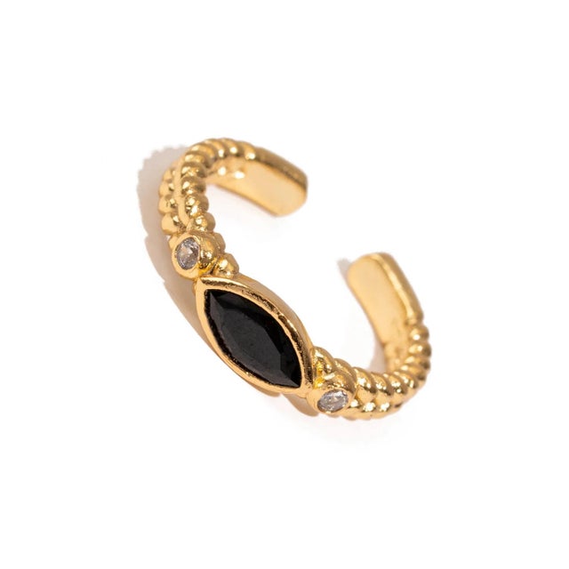 Black Onyx Teardrop Gemstone Adjustable Gold Ring, Size 4 For Sale In Miami - Image 6 of 7
