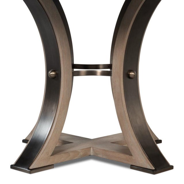 Wood Transitional Round Dining Table, Medium - Grey Oak With Hammered Iron Accents For Sale - Image 7 of 11