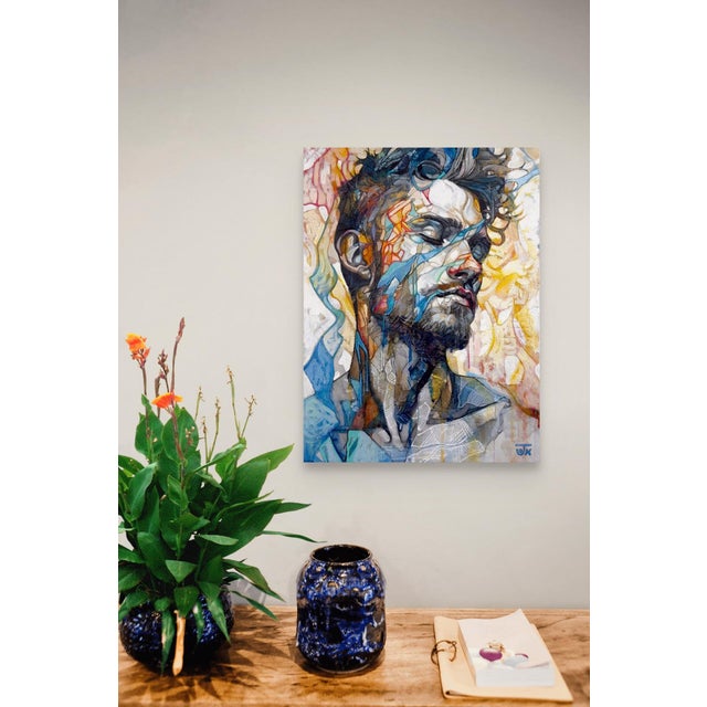 Early 21st Century The Veil of Now by Jon Wassom | Mixed Media on Panel portrait of a man with abstract elements For Sale - Image 5 of 5