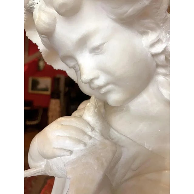 Stone Italian Artist, Hand Carved Bust Sculpture of a Young Girl Holding a Dove, 19th Century, Alabaster For Sale - Image 7 of 12