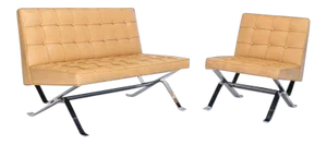 Mid-Century Modern Tufted Upholstery Chrome Base Settee Loveseat and Chair Set - 2 Pieces