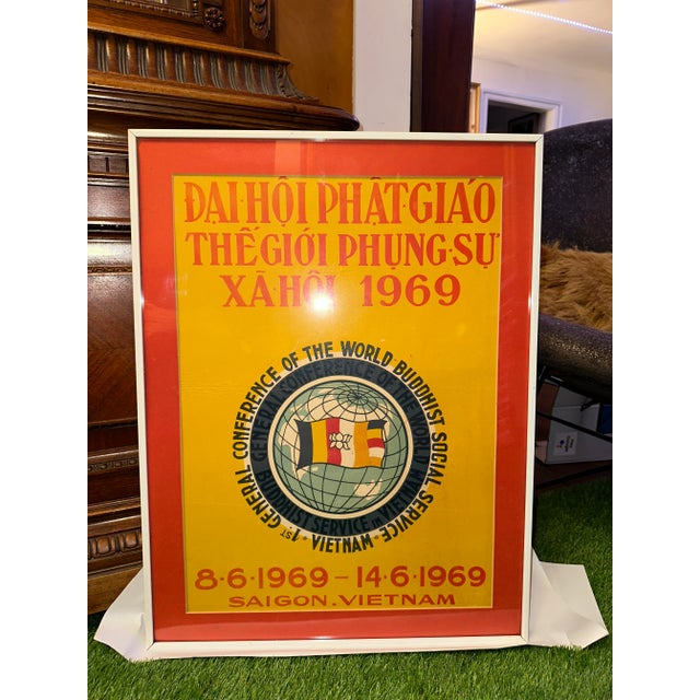 Mid-Century Modern Original Vietnamese War Era Buddhist Social Service Poster, 1969, Framed For Sale - Image 3 of 9