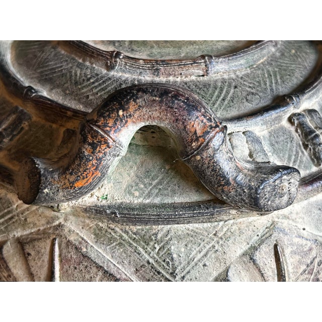Ceramic Vintage Pier 1 Weathered Green Earthenware Vase With Tropical Leaf Relief For Sale - Image 7 of 10