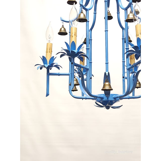 Splendid Italian Tole Vintage Baby Blue Faux Bamboo Pagoda Brass Chandelier ~ Rewired ~ Restored ~ Rejuvenated ~ Ready to Hang ~ For Sale - Image 4 of 12