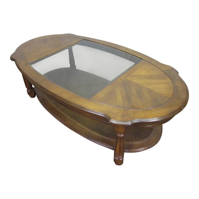 1990s Oval Oak Coffee Table With Center Glass Top For Sale