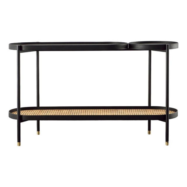 Marisol Black & Rattan Shelf Console Table For Sale