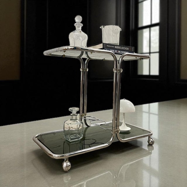 Glass Bauhaus Bar Cart in Chrome & Smoked Glass, Czechoslovakia, 1960s For Sale - Image 7 of 15