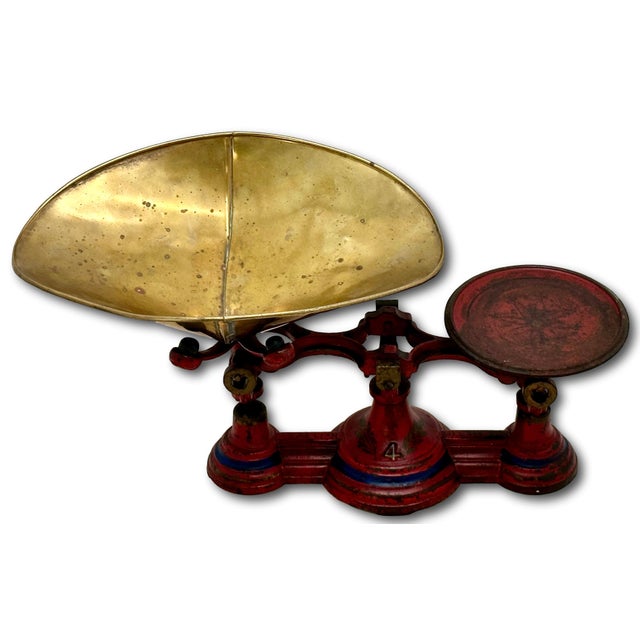 This Really is a Great Looking Authentic Antique American Cast Iron and Brass Kitchen Balance Scale. Circa Late 19th...