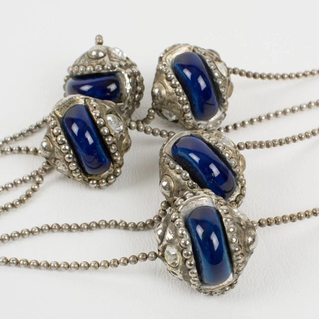 1980s Alexis Lahellec Paris Extra Long Silvered Metal Necklace With Blue Ceramic Beads For Sale - Image 5 of 12