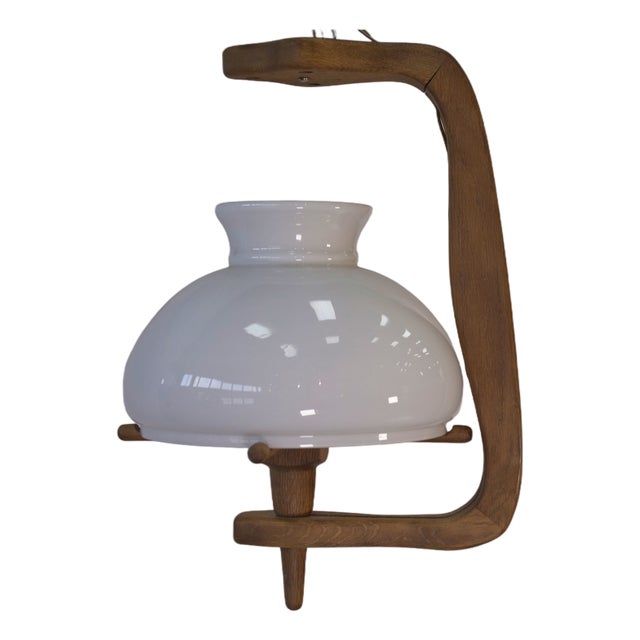 Opaline and Oak Pendant Light by Guillerme & Chambron, 1950s For Sale
