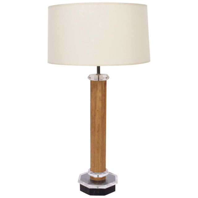 Statuesque Octogonal Grasscloth Table Lamp with Lucite Crystals and Black enamel details in the manner of Karl Springer....