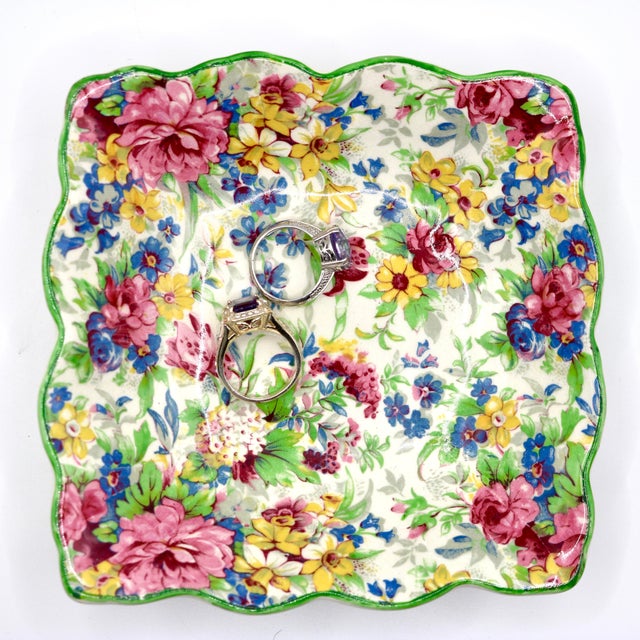1930s Art Deco Royal Winton "Summertime" Cintz Ascot Shape Sweet Meat Dish-Green Trim For Sale - Image 9 of 9