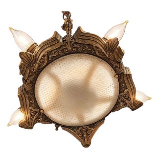 1920 Gemetric Art Deco Brass Five Light Circular Chandelier W Dome Light & Chain For Sale