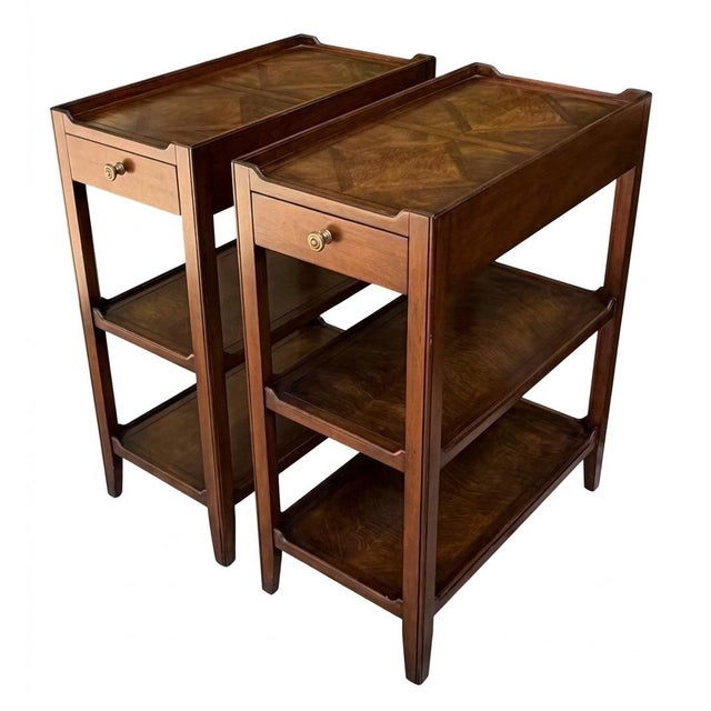 Beautiful Sarreid burled walnut end tables with parqueted veneer tops in excellent condition. There is a drawer at either...