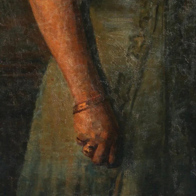 Early 20th Century Antique Original Oil on Canvas Portrait of Woman With Hat and Feather Painting For Sale - Image 4 of 7