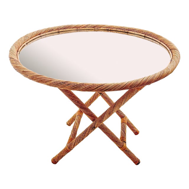 Folding Rush Tray Table with Mirrored Top, France, 1970s For Sale