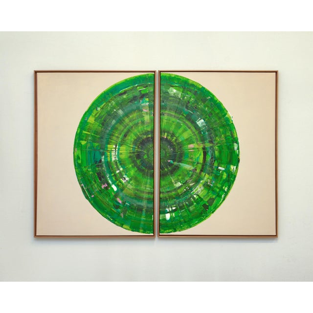Contemporary Green Circle Diptych I, Contemporary Painting on Canvas, Framed For Sale - Image 3 of 12