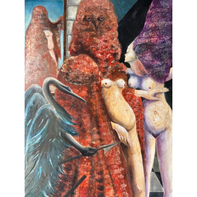 Red 1970’s Max Ernst “The Robing of the Bride” Reproduction Oil Painting on Masonite, Unsigned For Sale - Image 8 of 12
