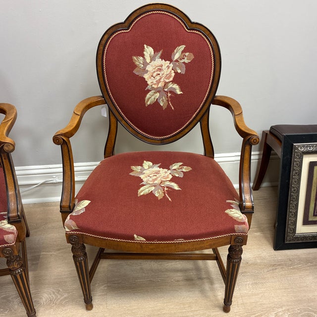 French Country Late 20th Century French Country Louis XVI Style Embroidered Rose Front and Gingham Check Back Armchairs (Pair) For Sale - Image 3 of 6