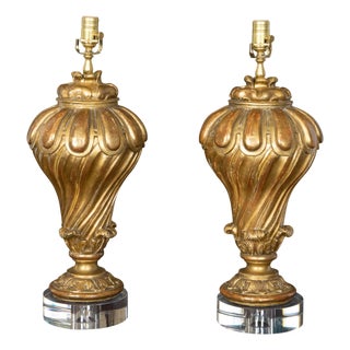 19th Century Italian Carved Giltwood Fragments Made into Lamps on Lucite - a Pair For Sale