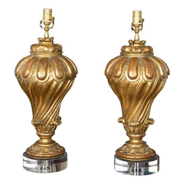 19th Century Italian Carved Giltwood Fragments Made into Lamps on Lucite - a Pair For Sale