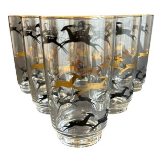 Mid Century Modern Gazelle Glasses Gold & Black Vintage Barware Set of 6 For Sale