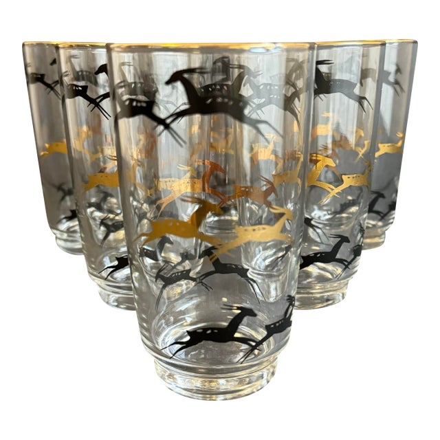 Mid Century Modern Gazelle Glasses Gold & Black Vintage Barware Set of 6 For Sale