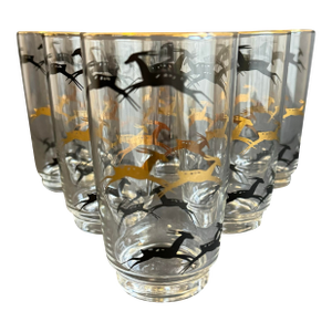 Mid Century Modern Gazelle Glasses Gold & Black Vintage Barware Set of 6
