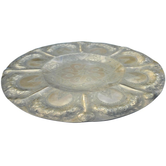 Moroccan Antique Hand-Engraved Moorish-Patterned Brass Tray For Sale - Image 3 of 6