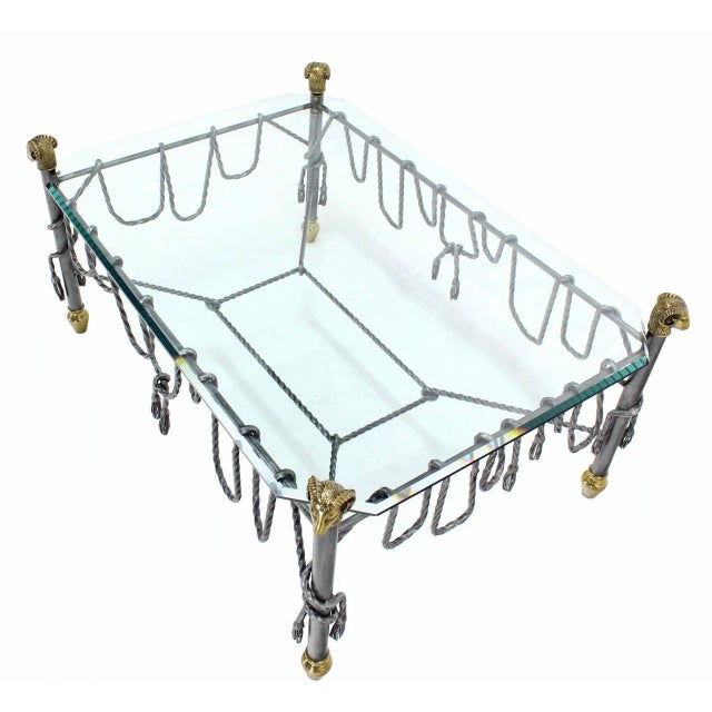 Ornate Wrought Iron Brass Ram Head Motive Glass Top Rectangle Coffee Table For Sale - Image 6 of 9