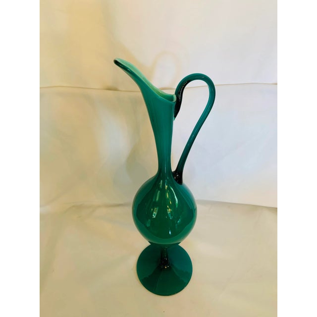 Mid-Century Teal Over White Glass Pedestal Pitcher For Sale - Image 9 of 13