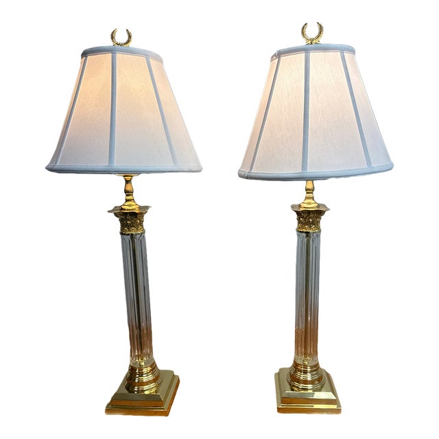 Classical Greek Remington Lamp Crystal Corinthian Column Table Lamps - Pair For Sale