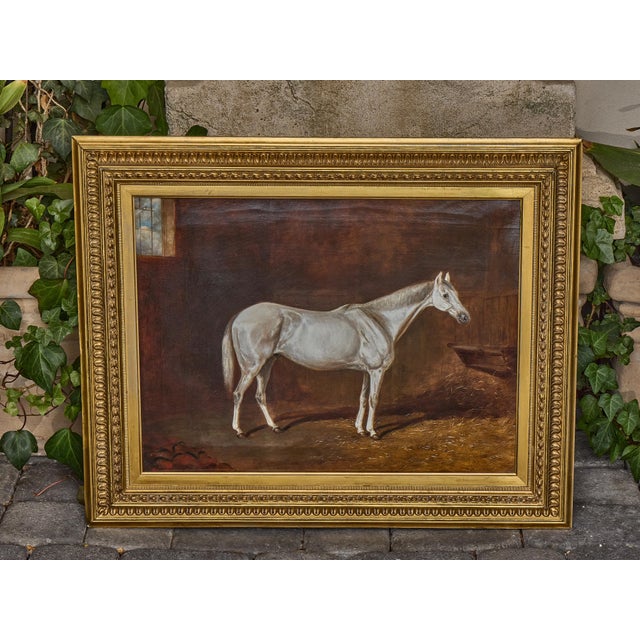 Antique English Oil Painting of a White Horse in Giltwood Frame, circa 1884 For Sale - Image 9 of 12