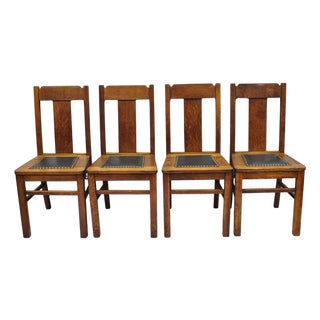 Antique Mission Oak Arts & Crafts T-Back Limbert Style Dining Chairs - Set of 4 For Sale