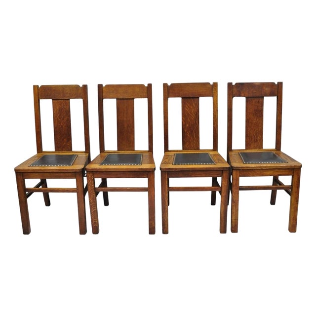 Antique Mission Oak Arts & Crafts T-Back Limbert Style Dining Chairs - Set of 4 For Sale