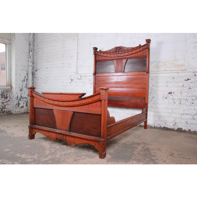 Antique Victorian Carved Walnut and Rosewood Full Size Bed Frame, Circa