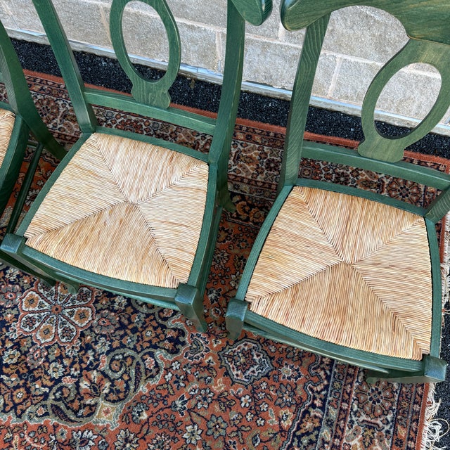 Early 21st Century Vintage Pottery Barn Napoleon Dining Chairs in Distressed Green With Rush Seats - Set of 4 For Sale - Image 5 of 18
