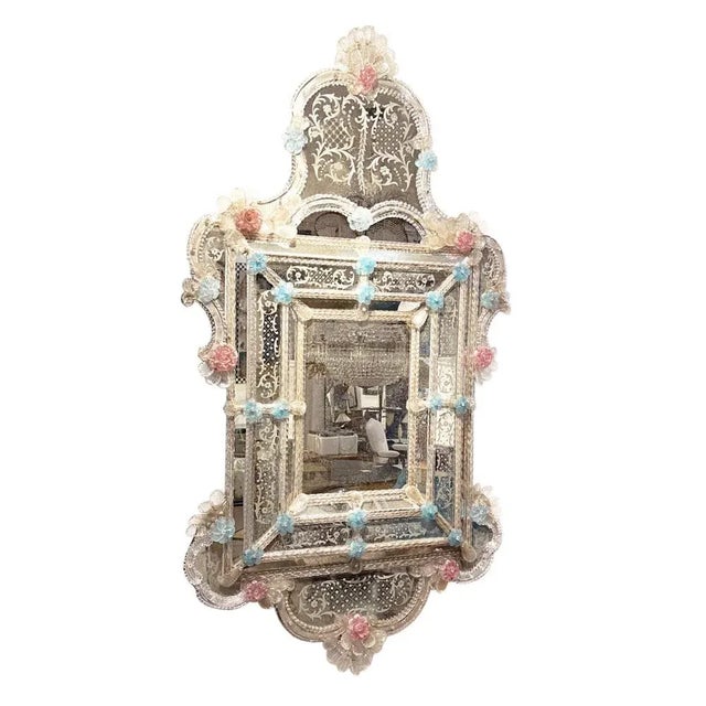 1950s Large Murano Mirror with Blue and Pink Flowers, 1950s For Sale - Image 5 of 7