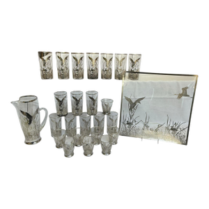 Mid 20th Century Barware Rockwell Silver Glass Ducks & Reeds Sterling Silver Overlay Set of 25 With Platter and Pitcher