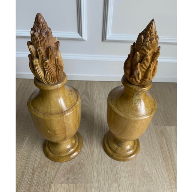 1970s Pair of Handcrafted Turned Wood Urns With Hand-Carved Flame Finials, Sculptural Organic Modern Decorative Objects For Sale - Image 9 of 12
