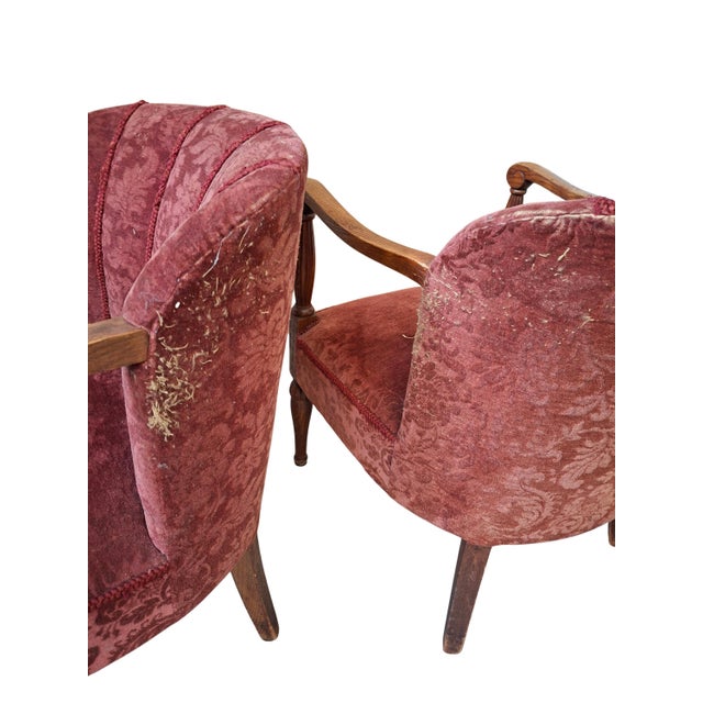 Vintage Oak and Damask Velvet Armchairs, 1960s, Set of 2 For Sale - Image 12 of 13