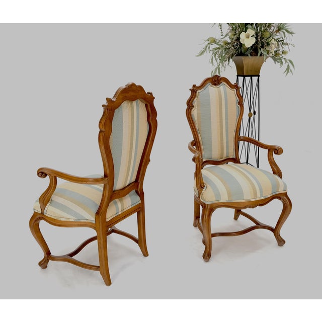 Pair Carved Striped Upholstery Tall Backs Carved Walnut Scallop Design Decorated For Sale - Image 10 of 17