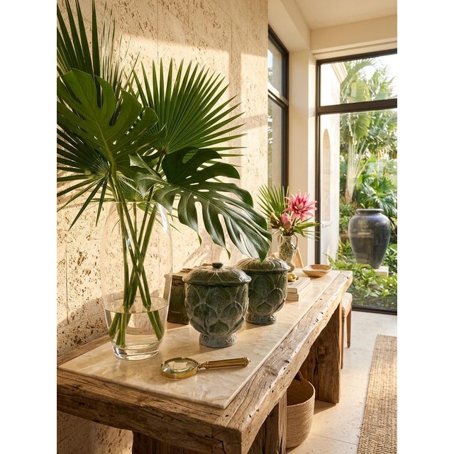 Dark Green Pair of Vintage Mid-Century Modern Artichoke Footed Ceramic Jars With Lid For Sale - Image 8 of 11